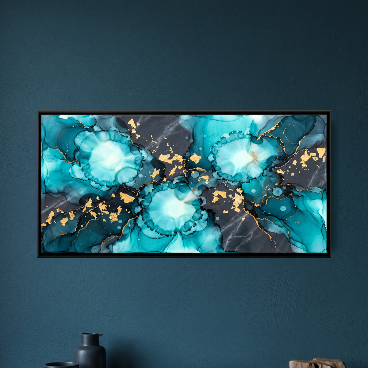 Turquoise and Gold Ink Blooms - framed canvas art hung on a wall