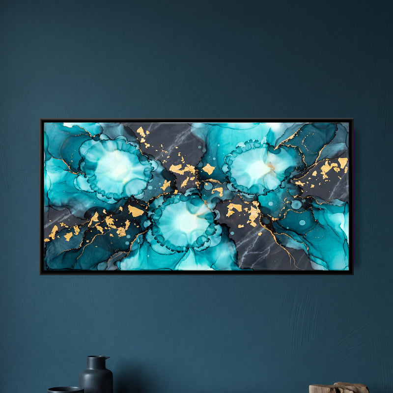Turquoise and Gold Ink Blooms - framed canvas art hung on a wall