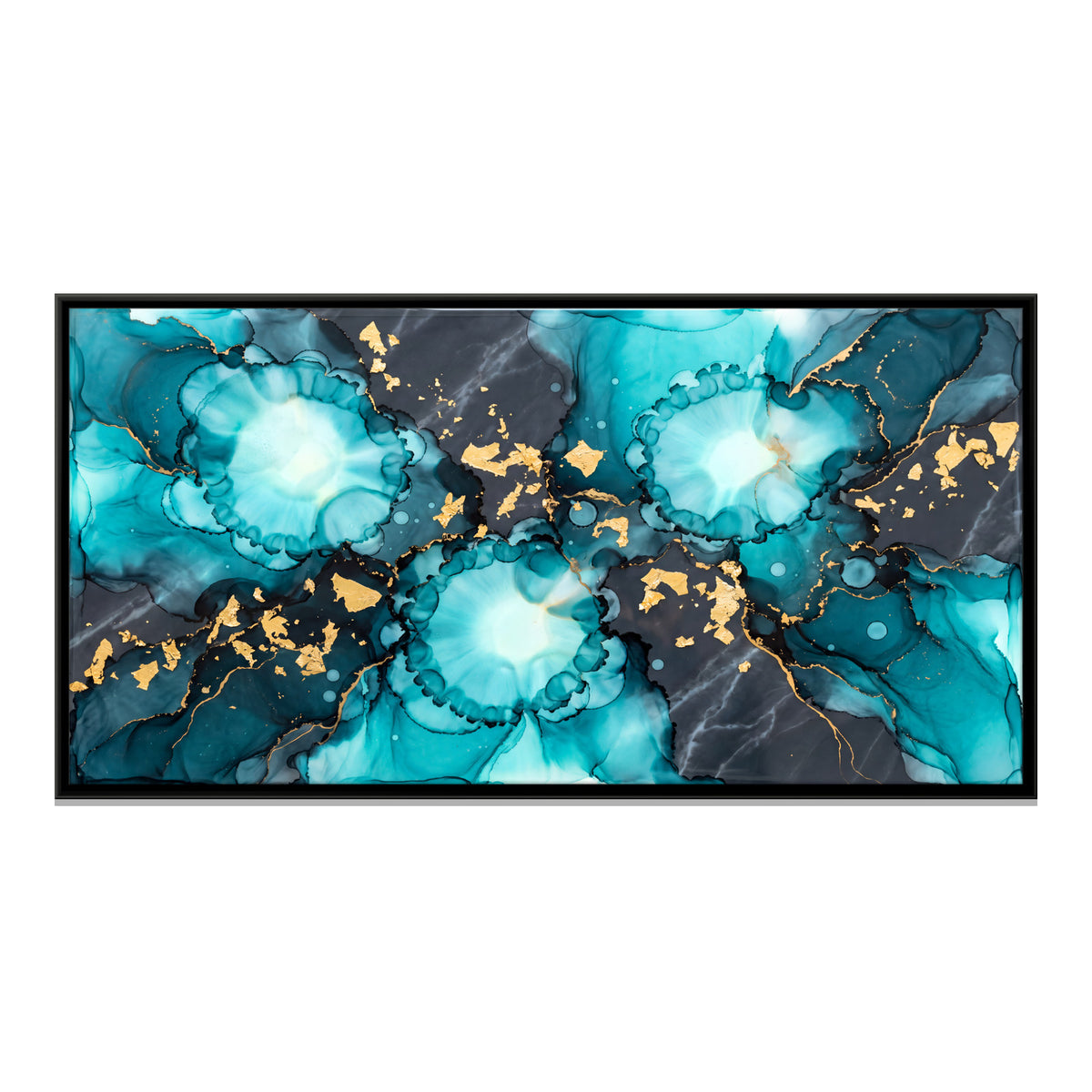 Turquoise and Gold Ink Blooms - framed canvas print, front view