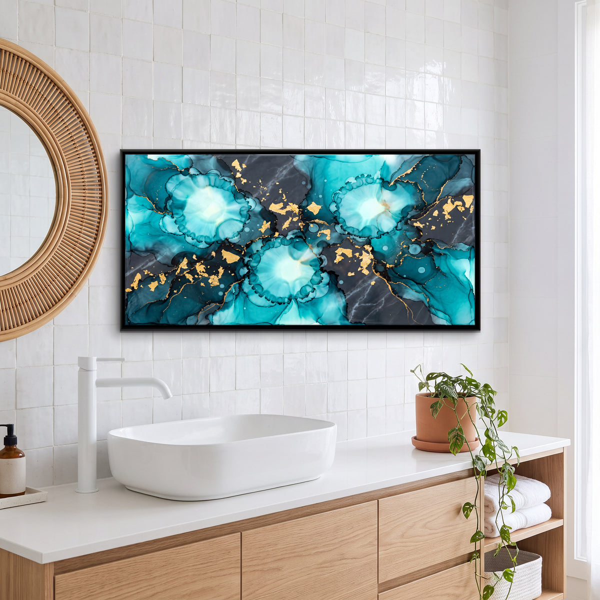 Turquoise and Gold Ink Blooms - canvas art shown in a styled room
