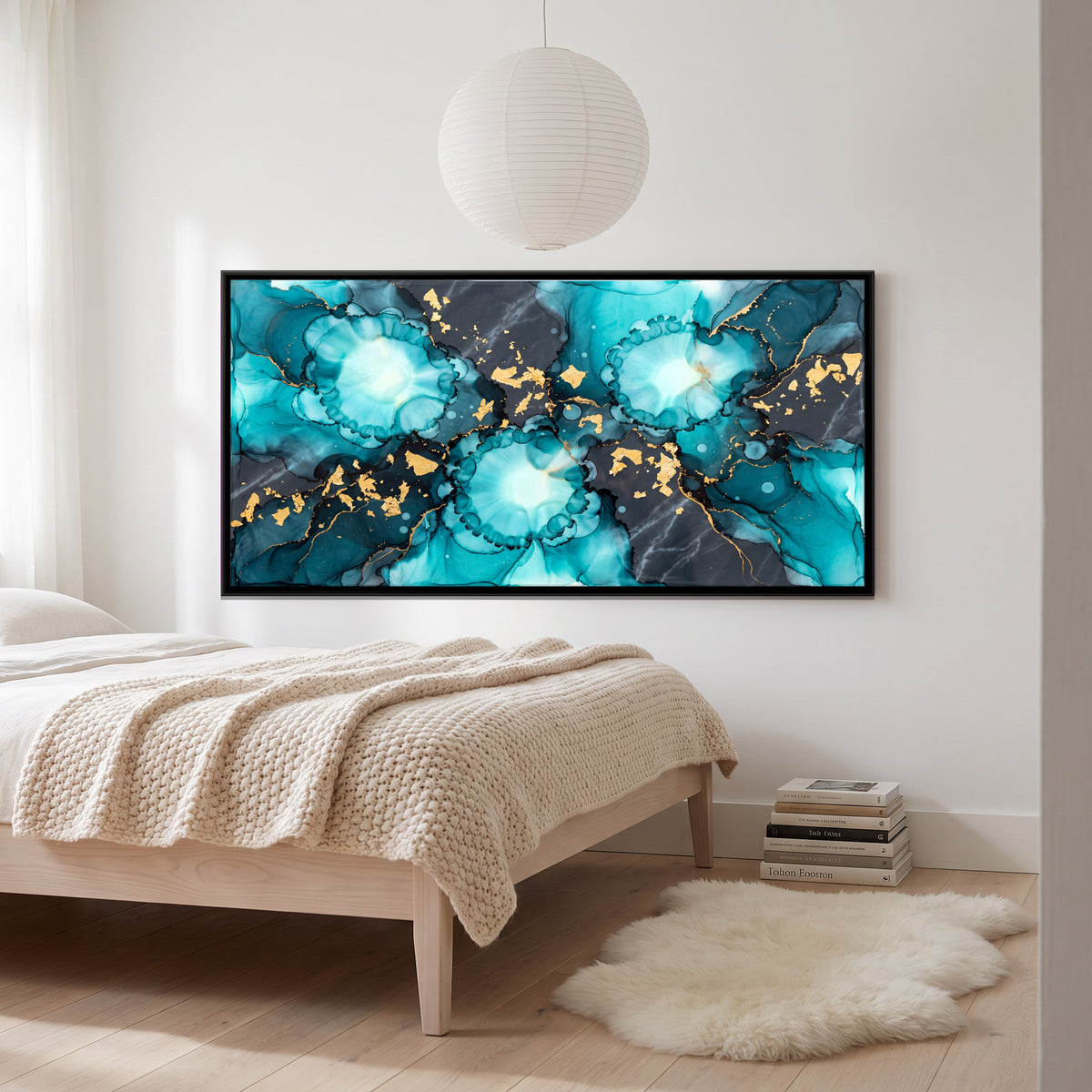 Turquoise and Gold Ink Blooms - canvas art shown in a second room setting