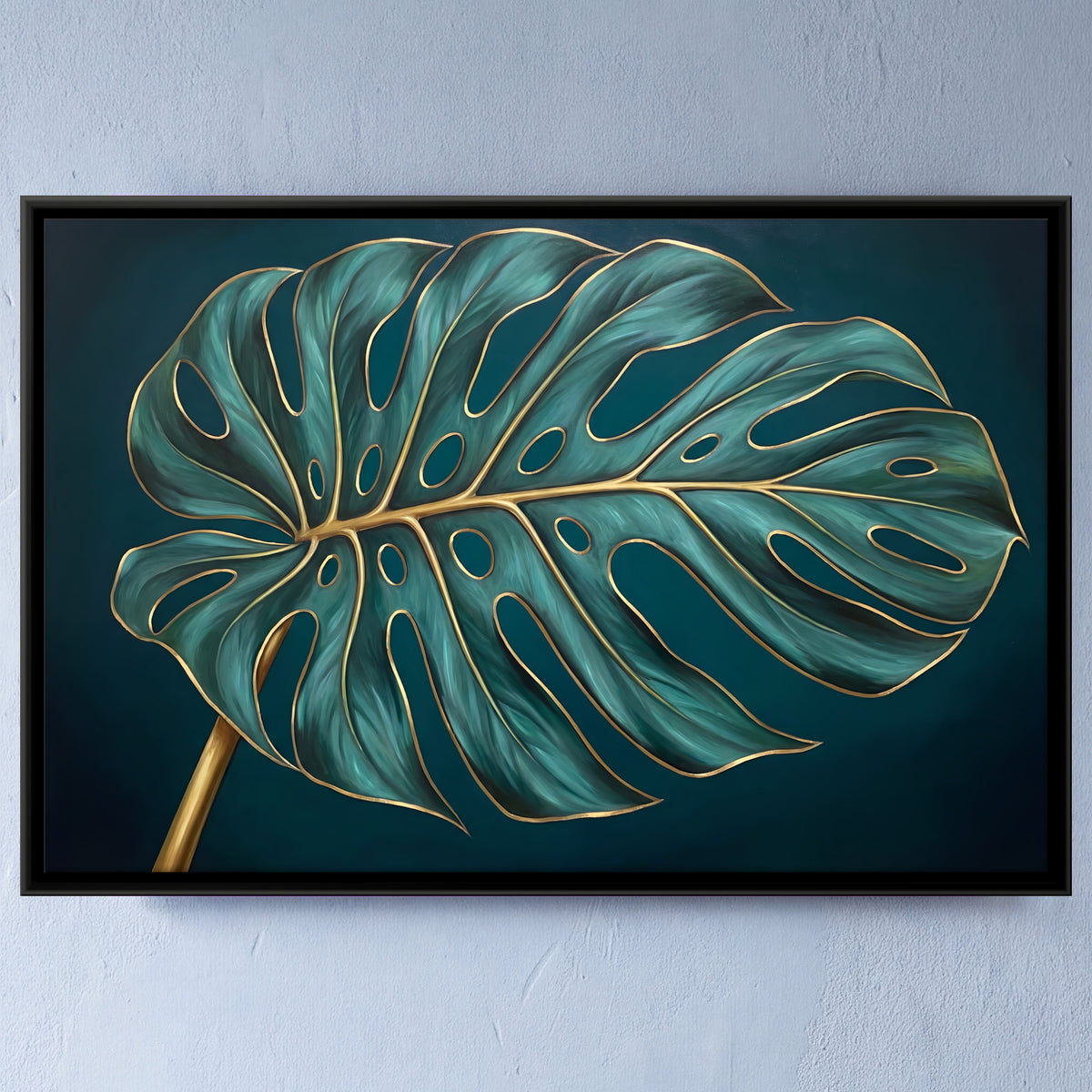 Single Monstera Leaf - framed canvas art hung on a wall