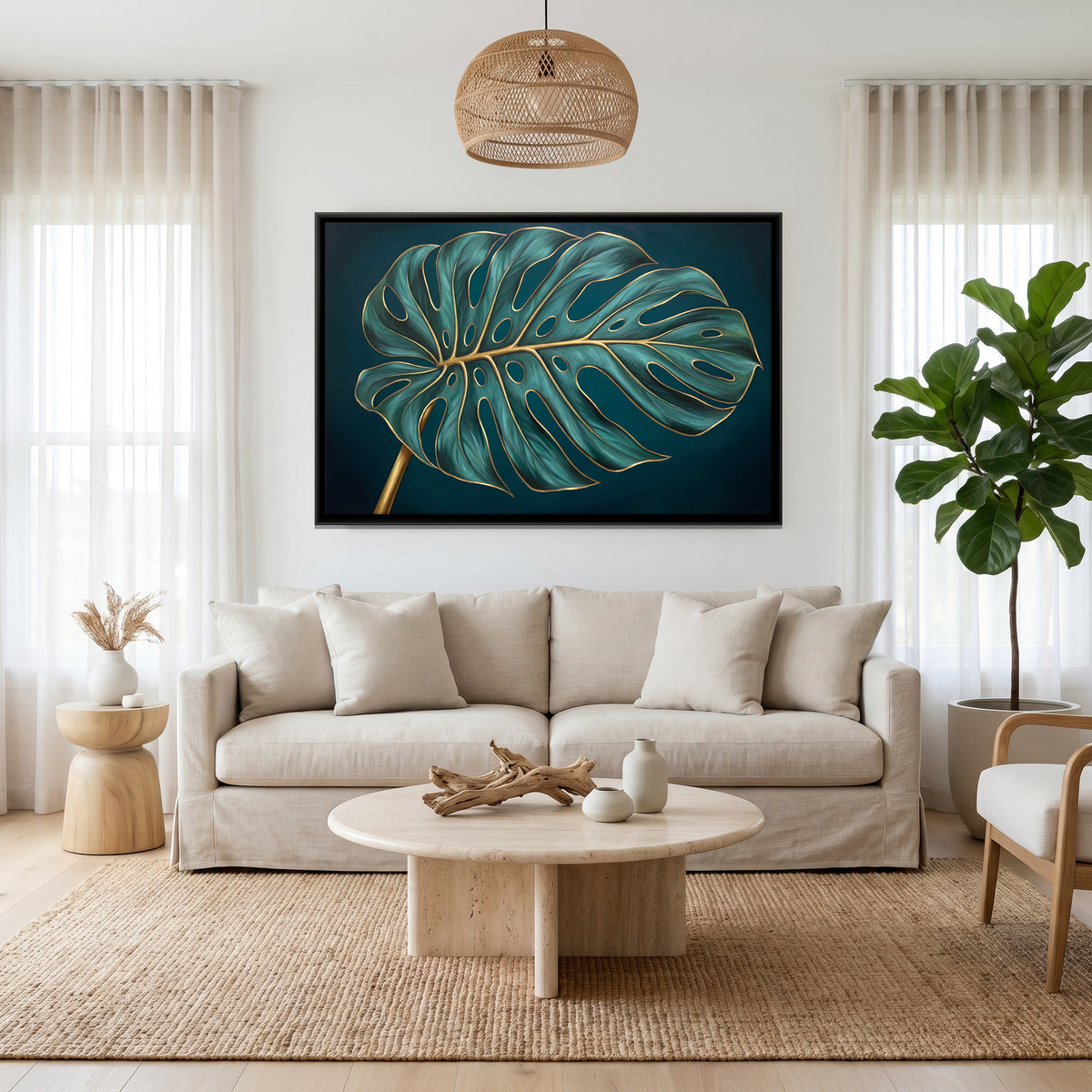 Single Monstera Leaf - canvas art shown in a second room setting