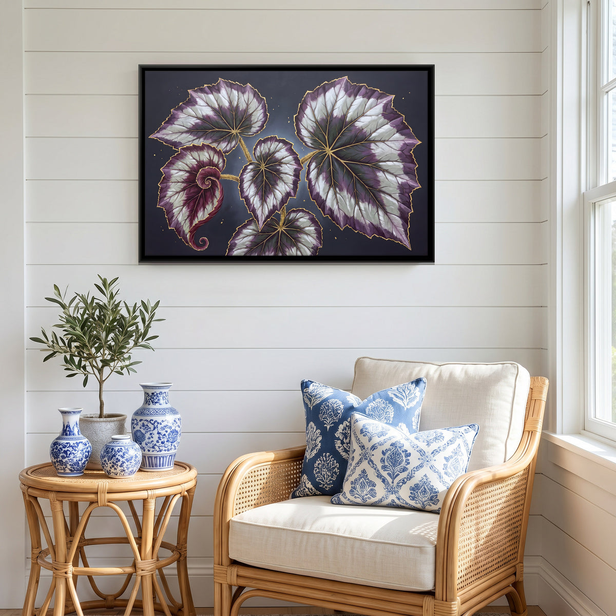 Purple Begonia Leaves - canvas art shown in a styled room