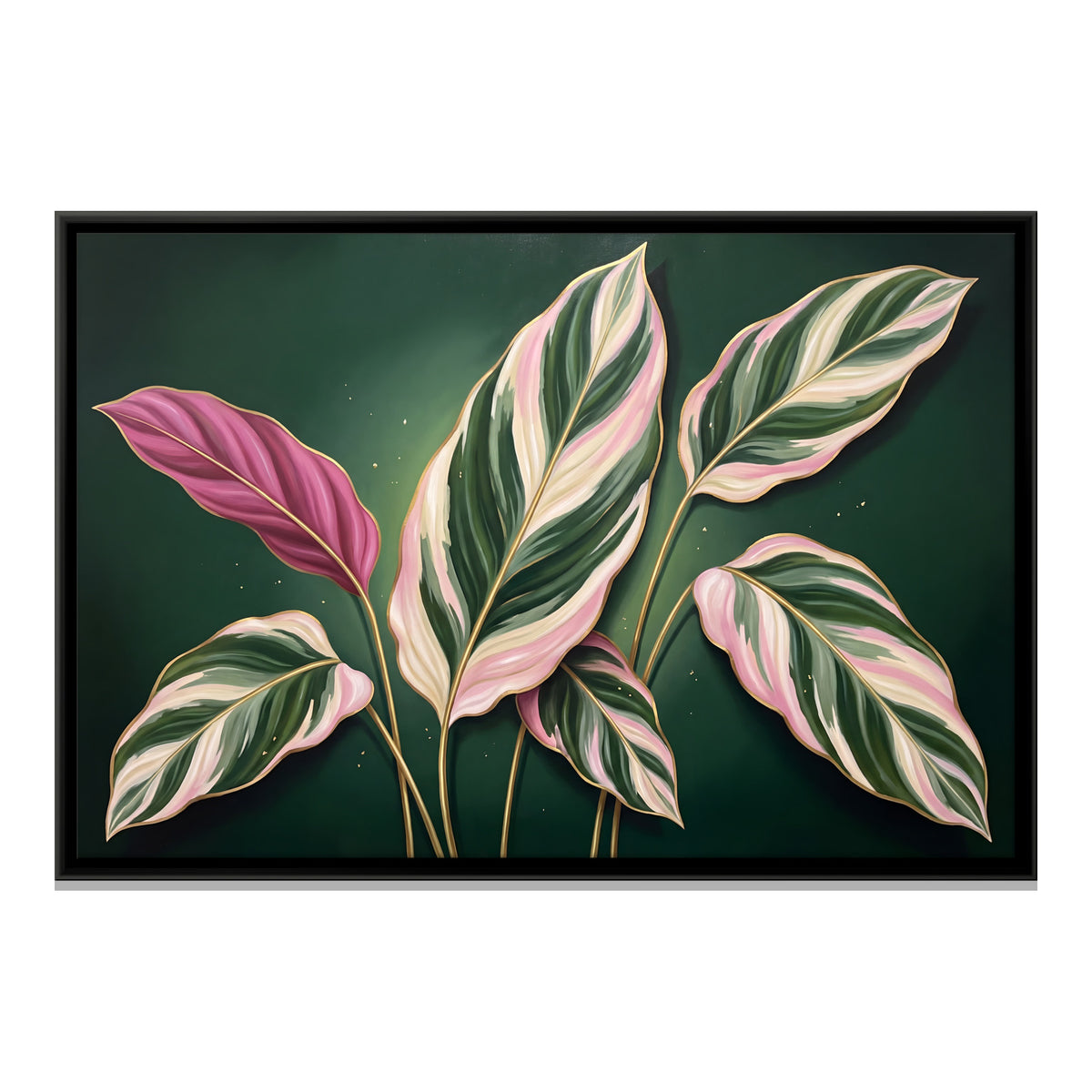 Pink and Cream Striped Leaves - framed canvas print, front view