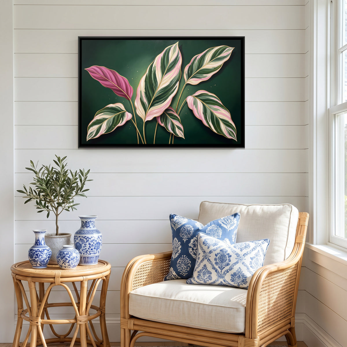 Pink and Cream Striped Leaves - canvas art shown in a styled room