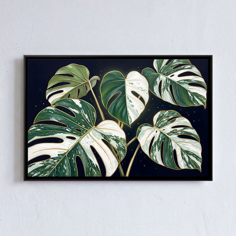Variegated Monstera Leaves - framed canvas art hung on a wall