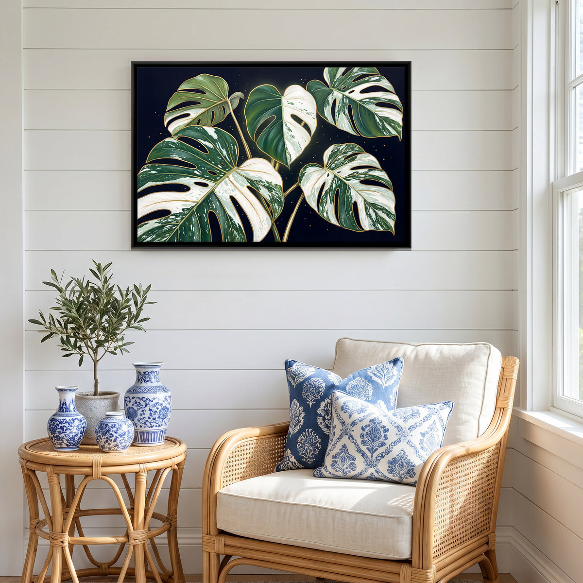 Variegated Monstera Leaves - canvas art shown in a styled room
