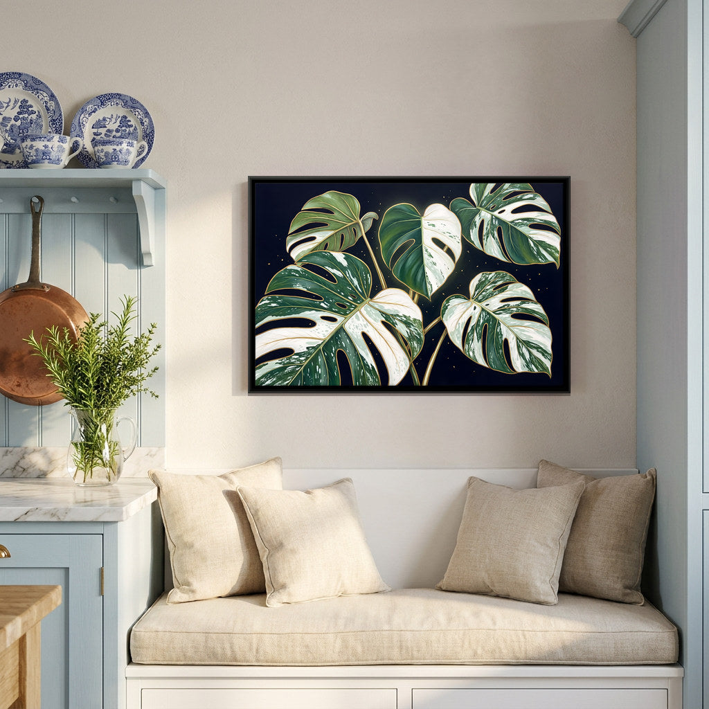 Variegated Monstera Leaves - canvas art shown in a second room setting