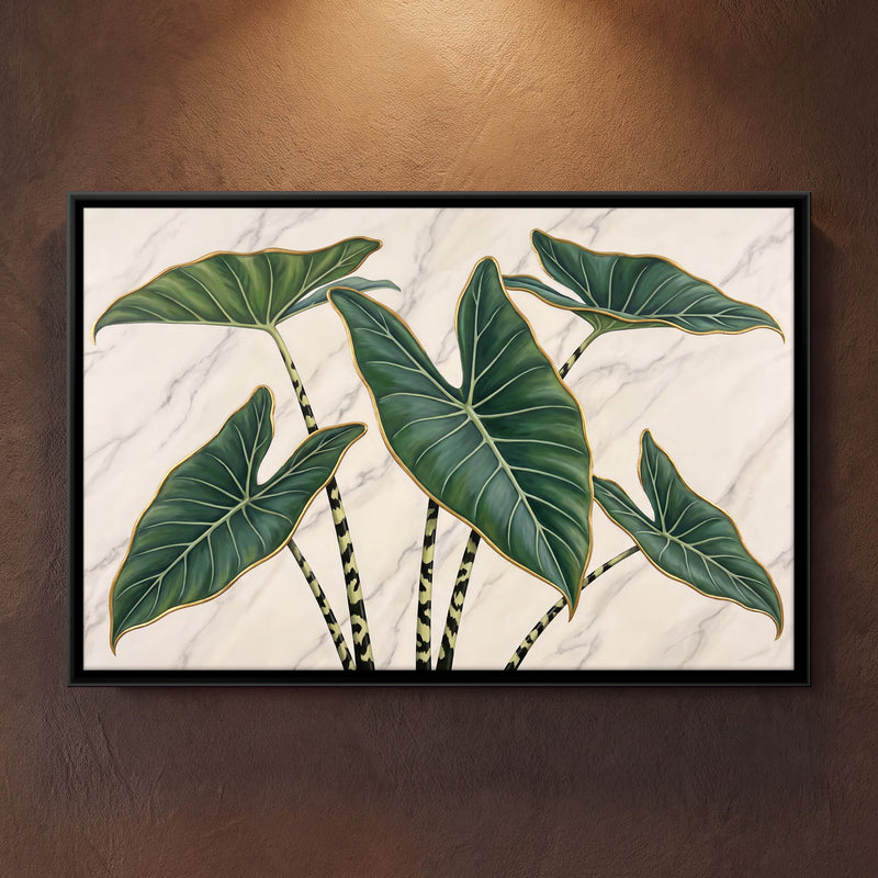 Elephant Ear Leaves on Marble - framed canvas art hung on a wall