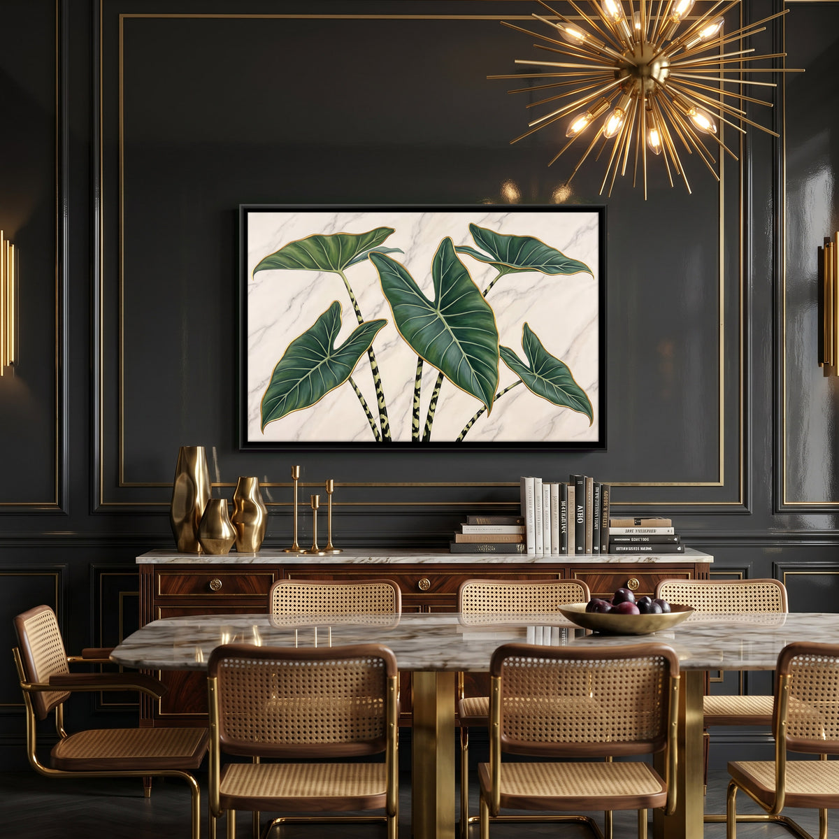 Elephant Ear Leaves on Marble - canvas art shown in a styled room