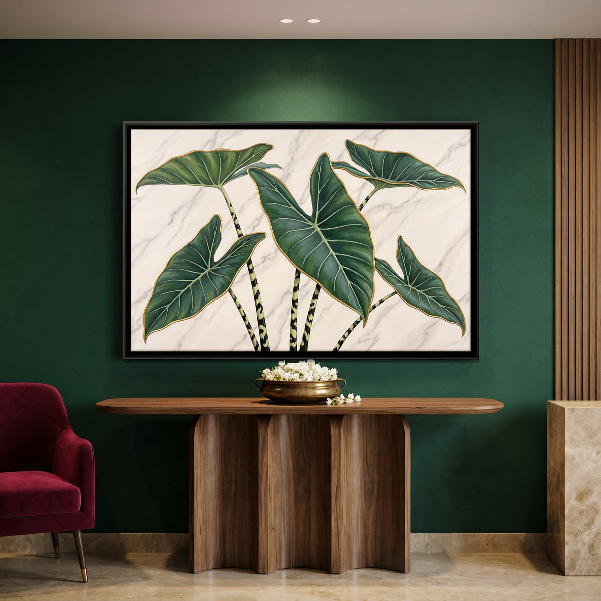 Elephant Ear Leaves on Marble - canvas art shown in a second room setting