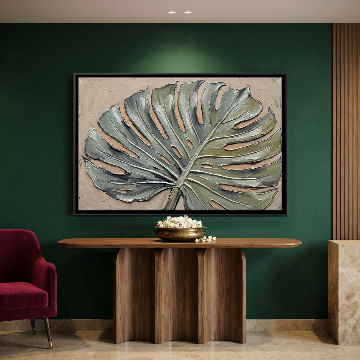 Single Monstera Leaf - canvas art shown in a second room setting