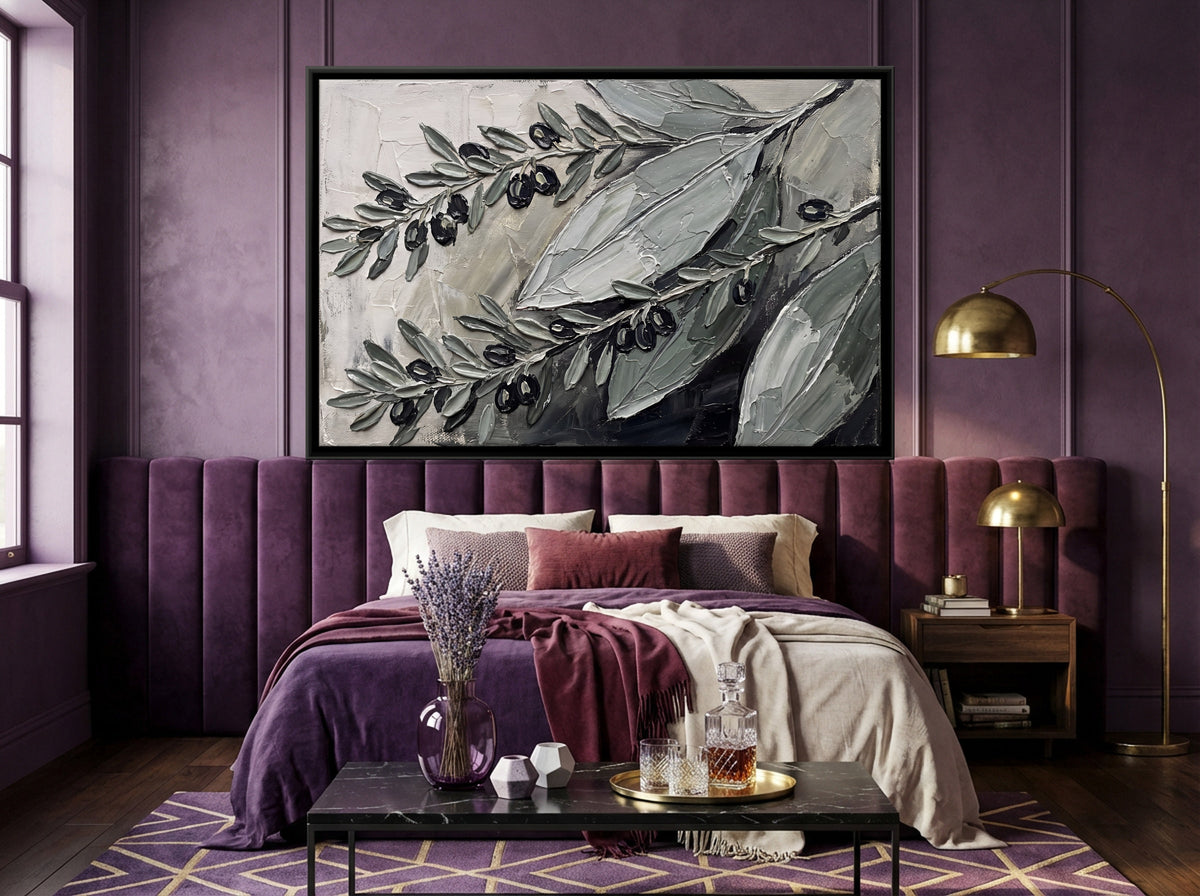 Olive Branches in Grey and White - canvas art shown in a second room setting