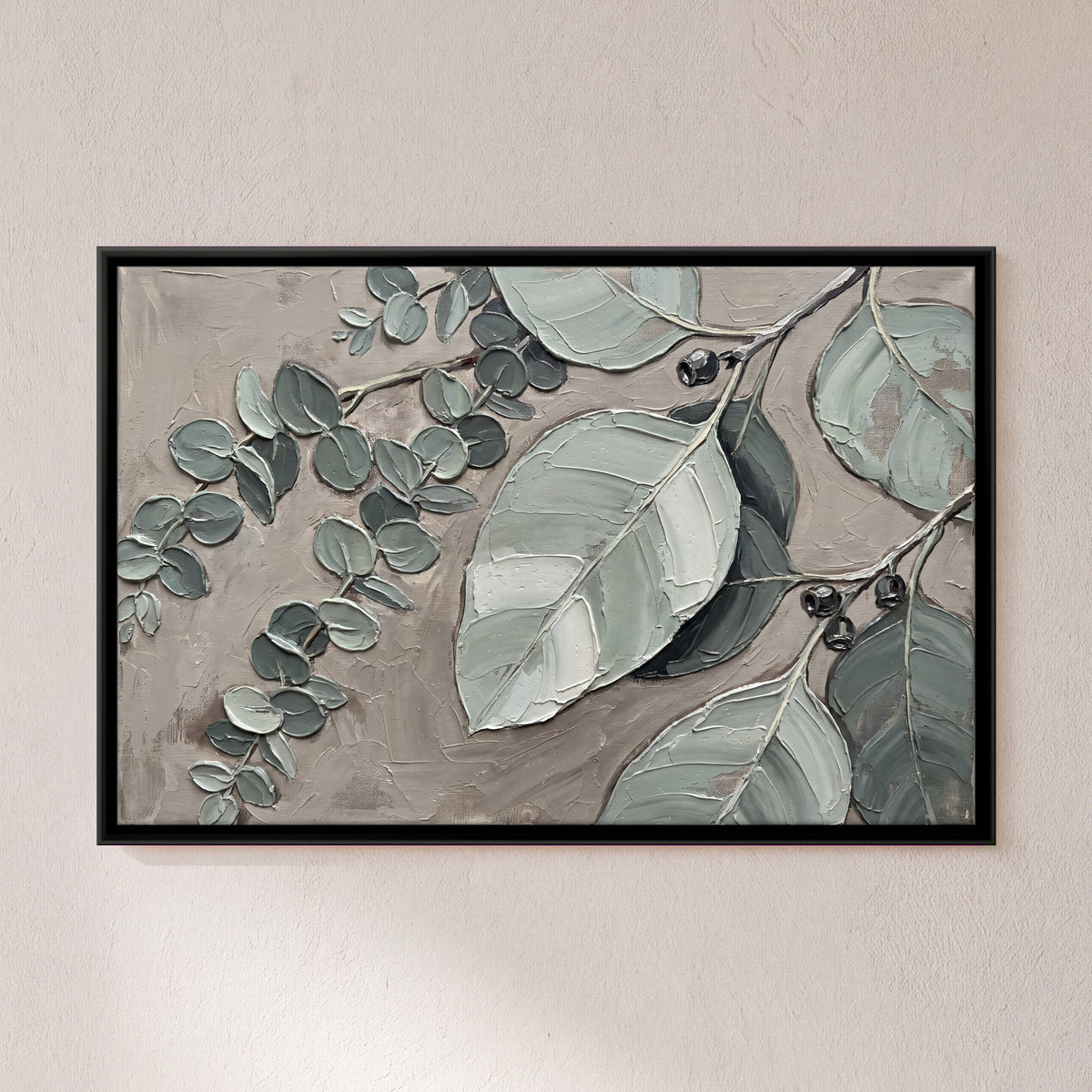 Eucalyptus Branch with Berries - framed canvas art hung on a wall