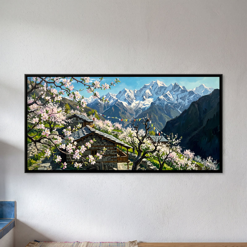 Apple Blossom in the Himalayas - framed canvas art hung on a wall
