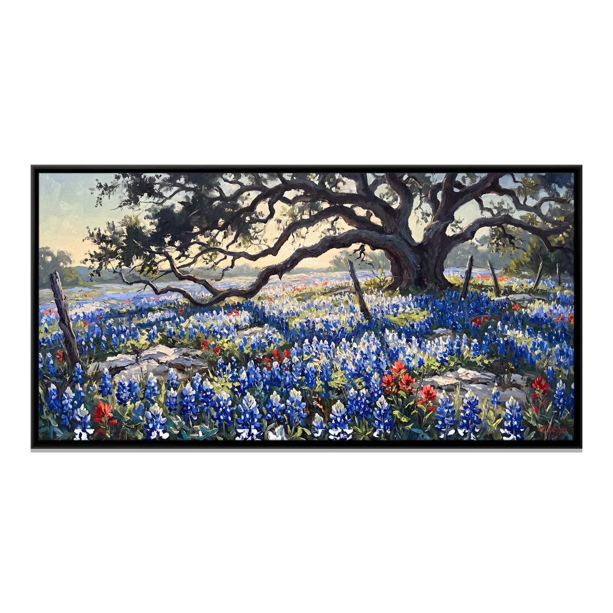 Bluebonnets Beneath a Spreading Oak - framed canvas print, front view