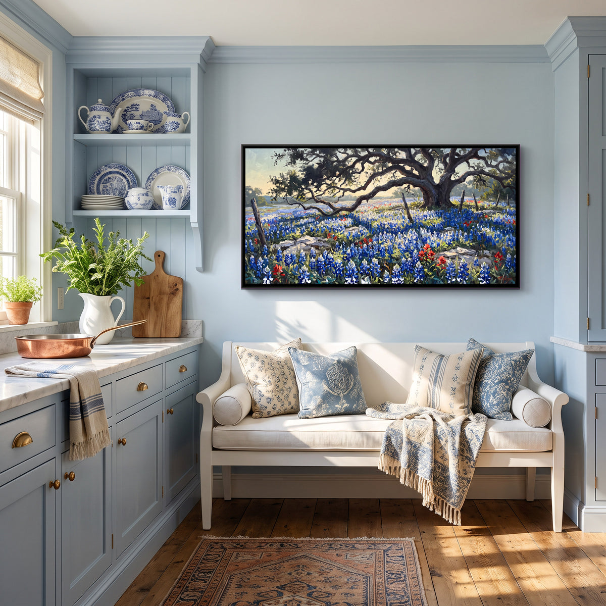 Bluebonnets Beneath a Spreading Oak - canvas art shown in a styled room