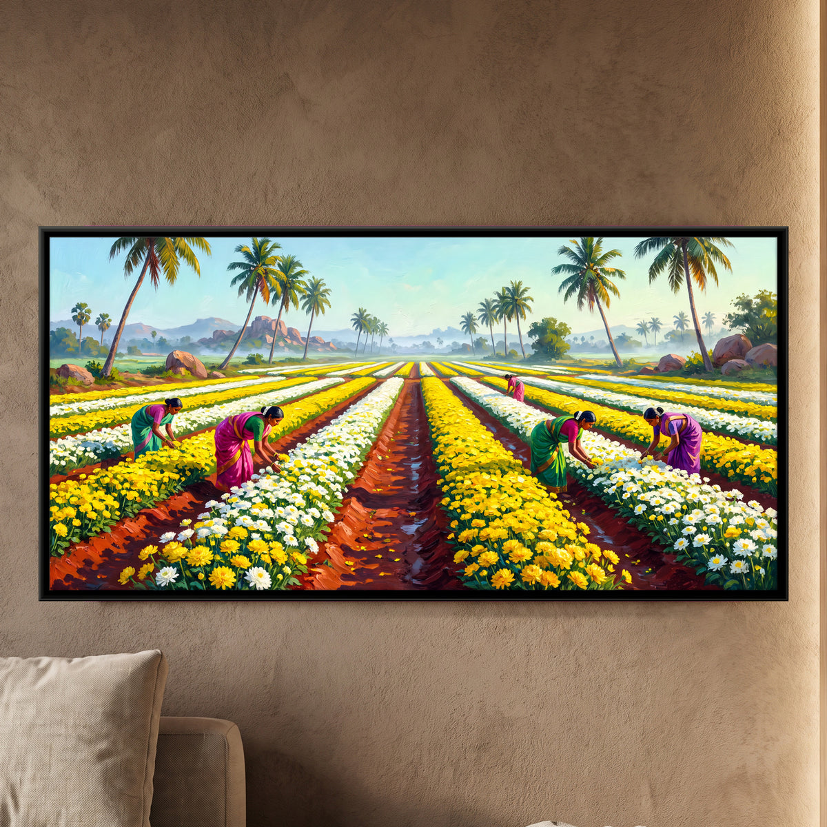 Chrysanthemum Harvest - framed canvas art hung on a wall