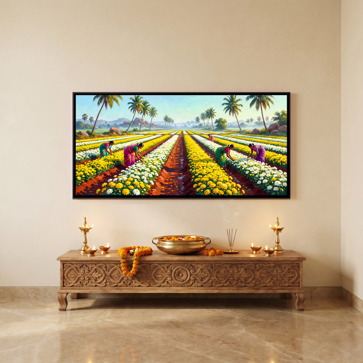 Chrysanthemum Harvest - canvas art shown in a styled room