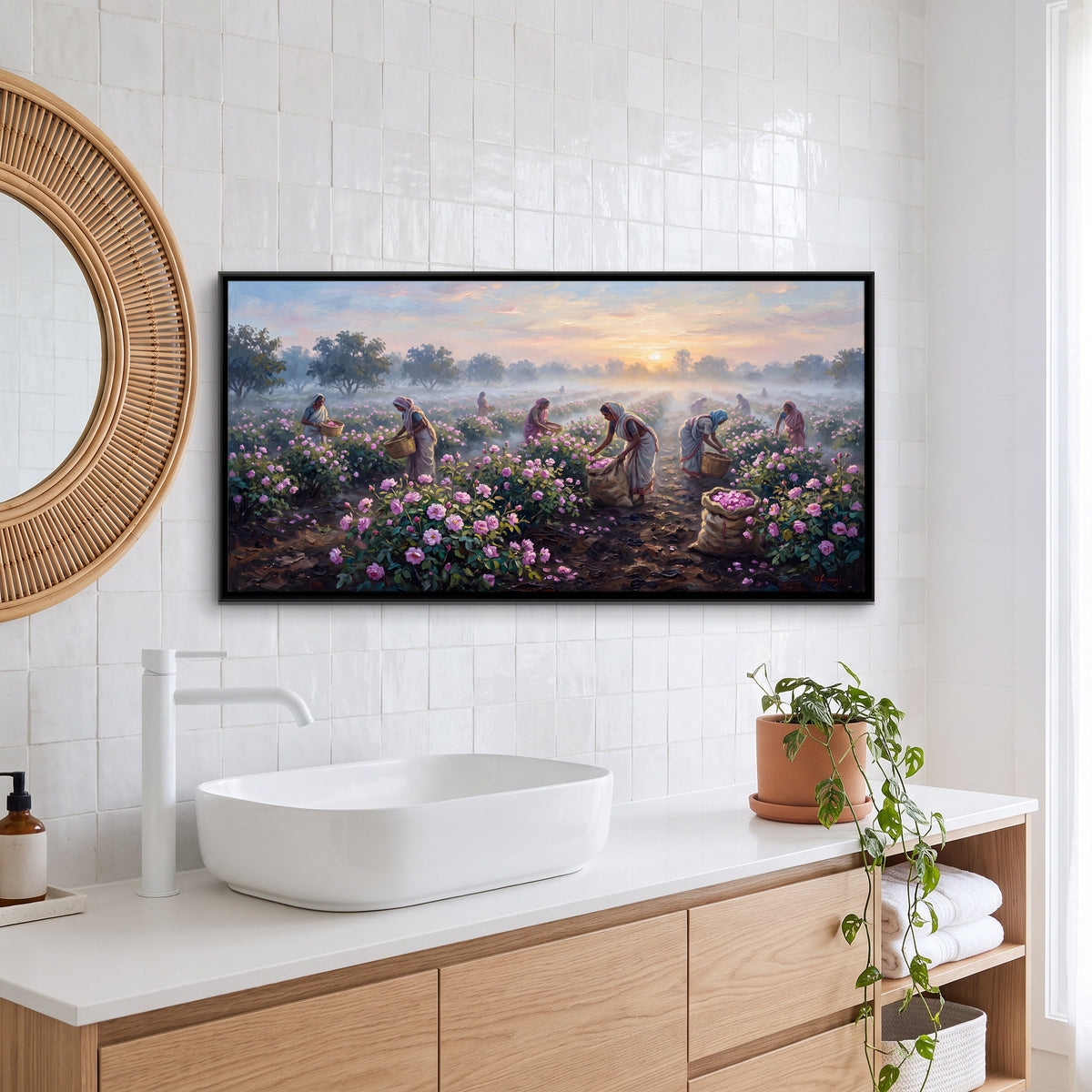 Rose Harvest at Dawn - canvas art shown in a styled room