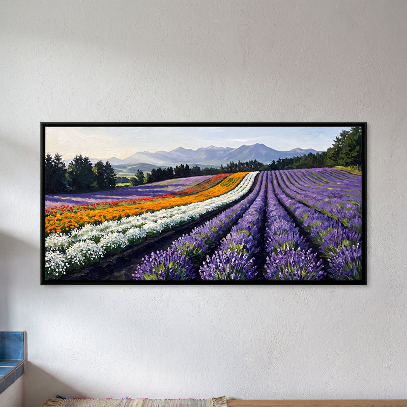 Rows of Lavender and Flowers - framed canvas art hung on a wall