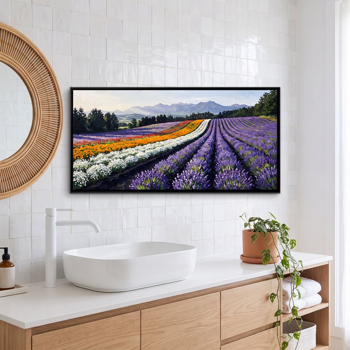 Rows of Lavender and Flowers - canvas art shown in a second room setting