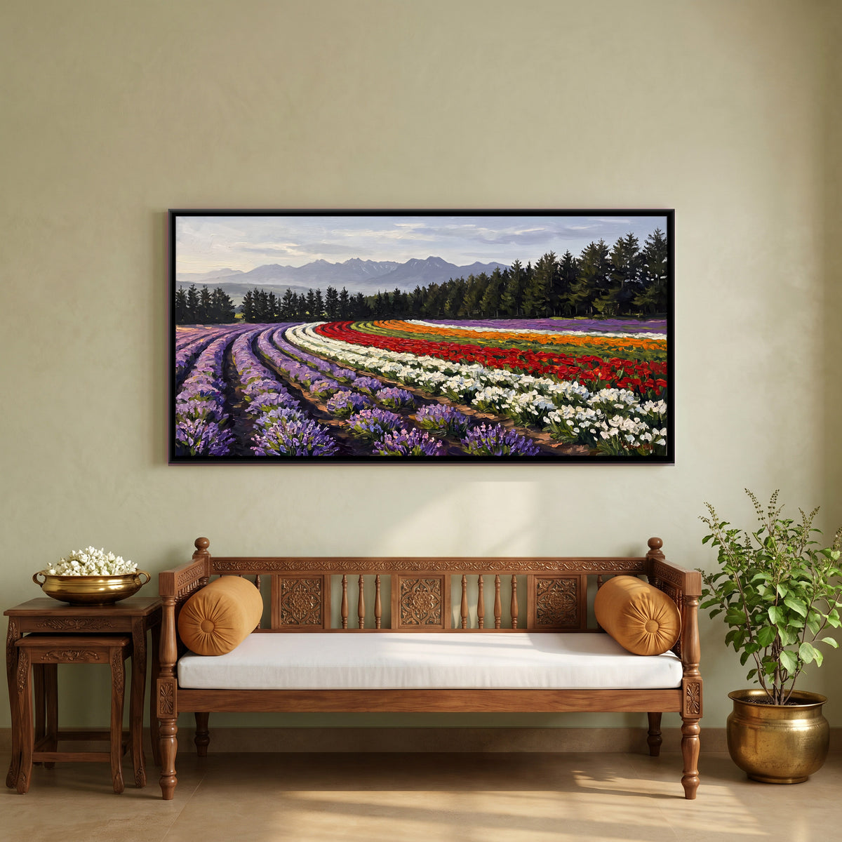 Rows of Lavender and Flowers - canvas art shown in a second room setting
