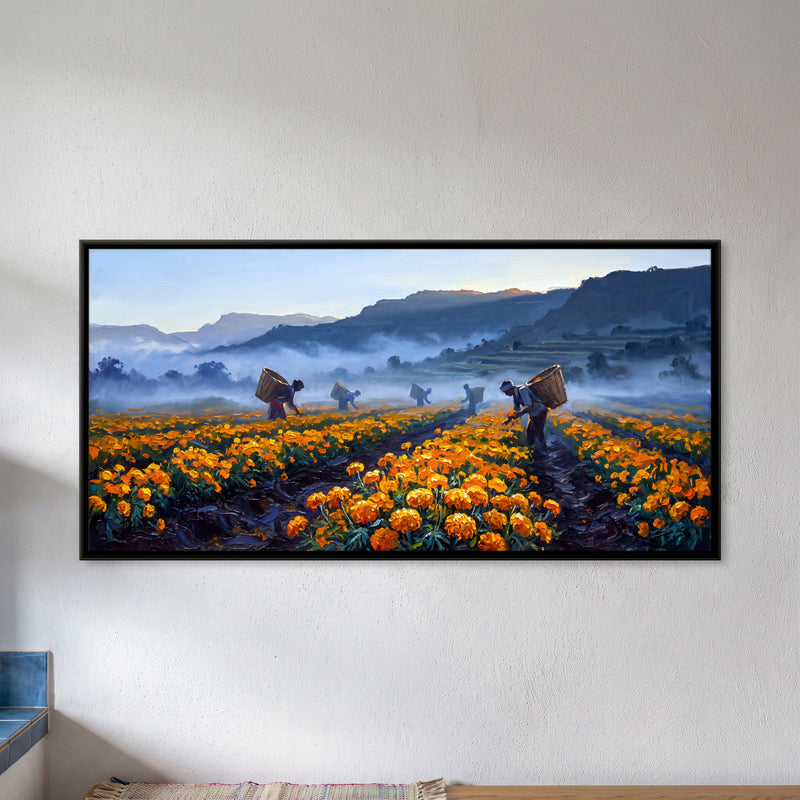 Marigold Harvest in the Mist - framed canvas art hung on a wall