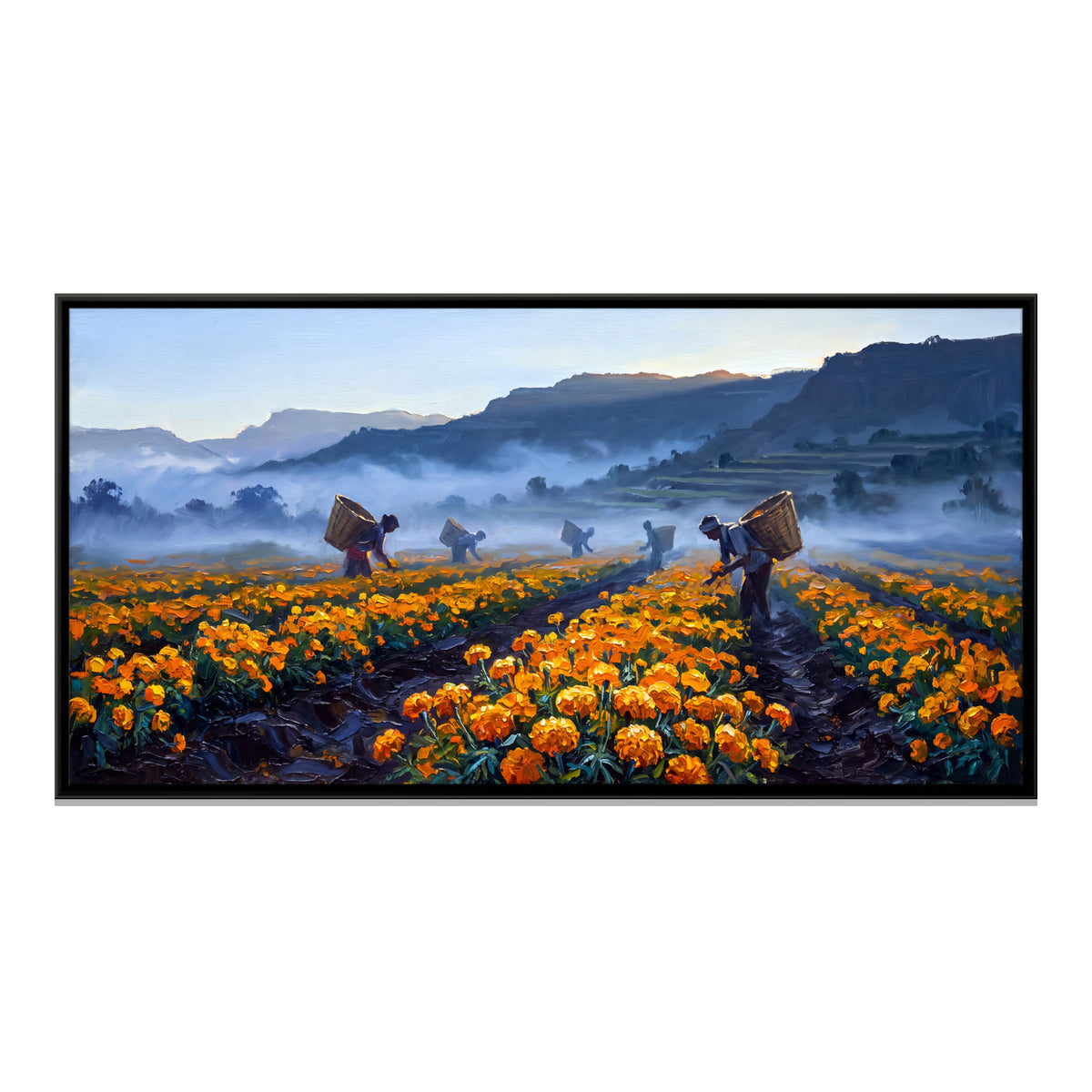 Marigold Harvest in the Mist - framed canvas print, front view