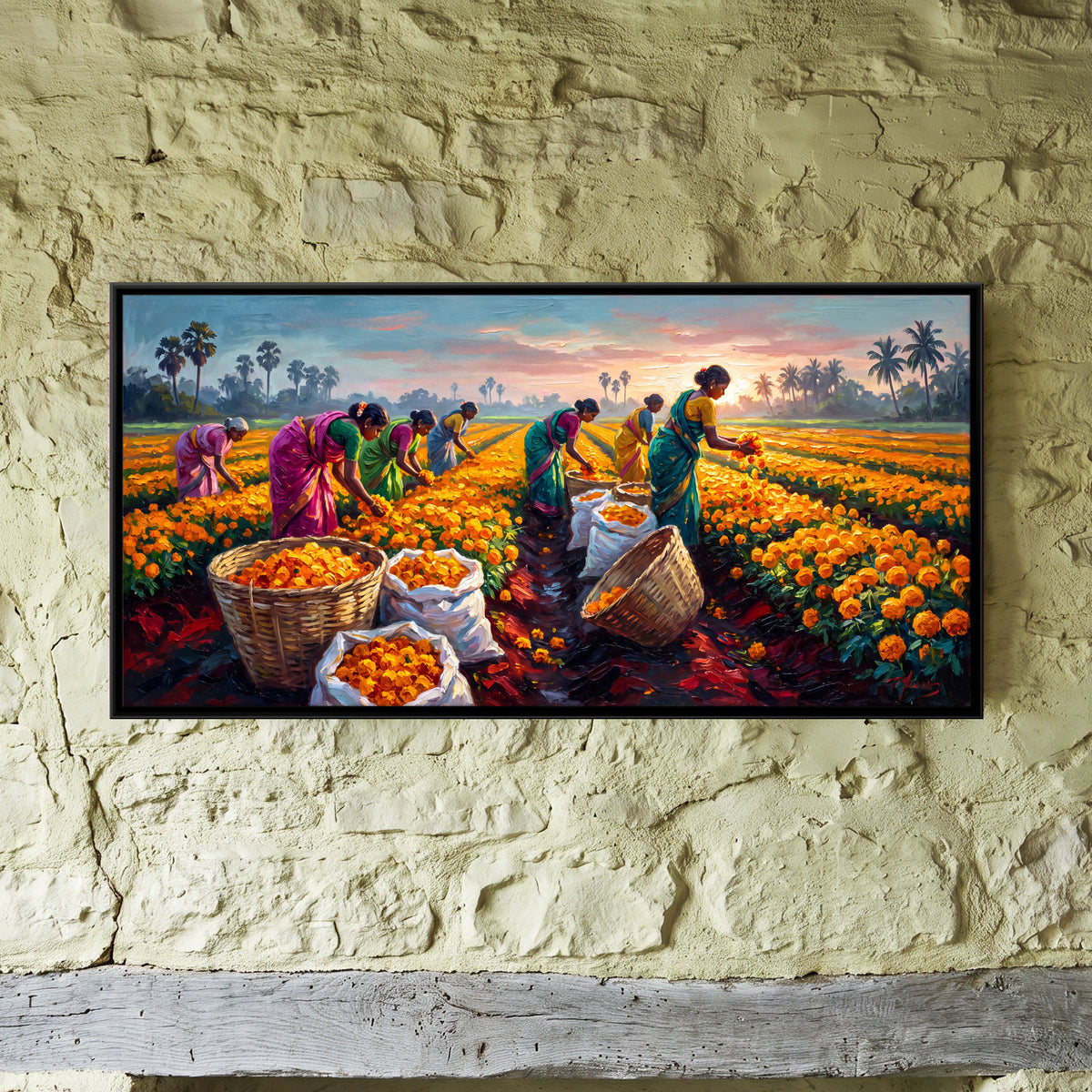 Marigold Harvest - framed canvas art hung on a wall