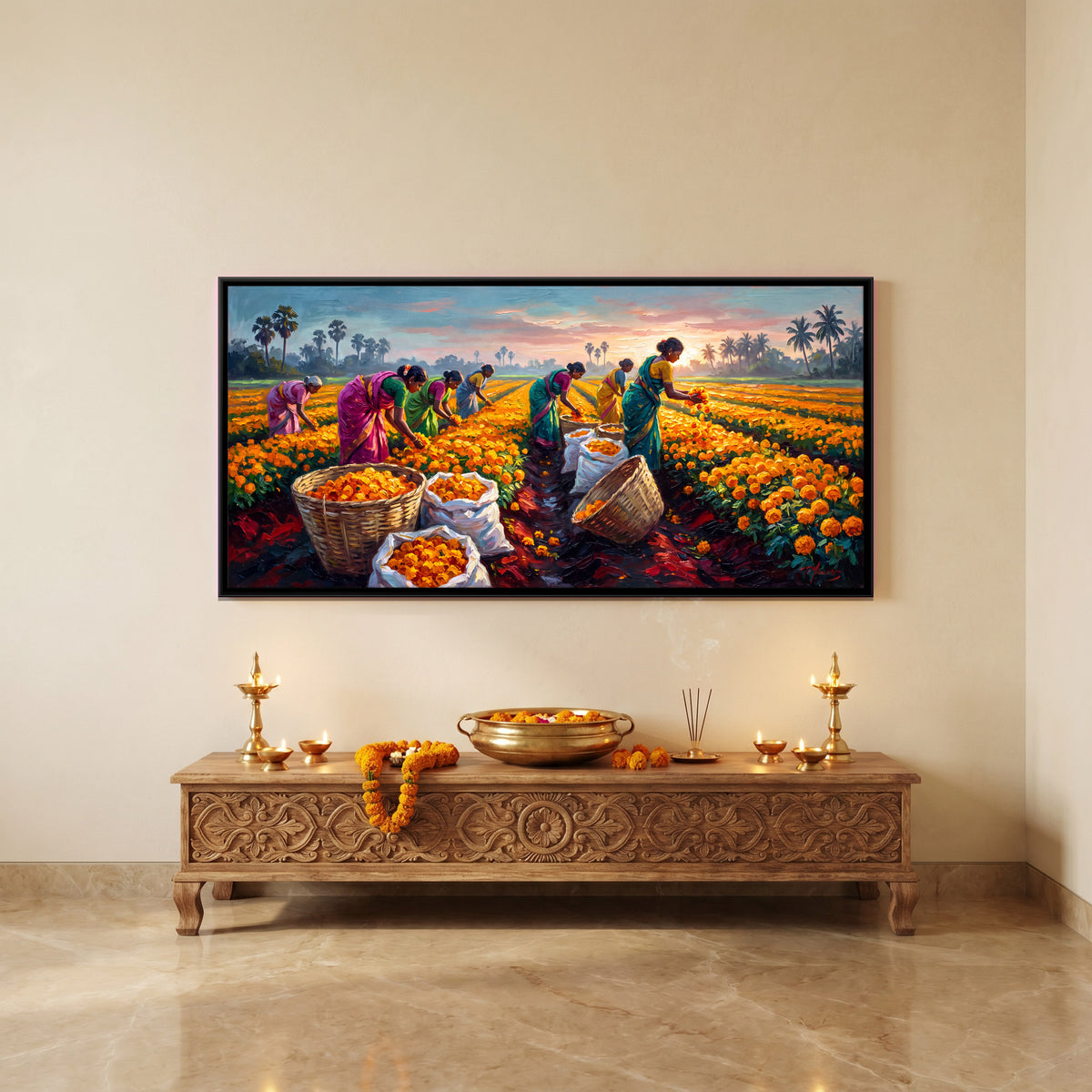 Marigold Harvest - canvas art shown in a styled room