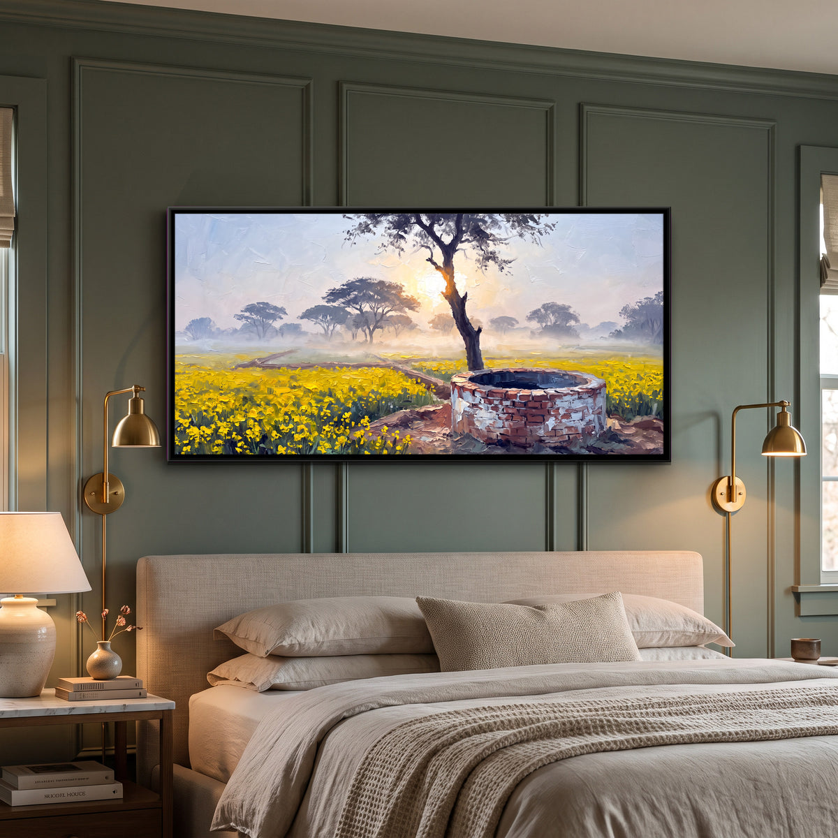Well in a Mustard Field - canvas art shown in a styled room