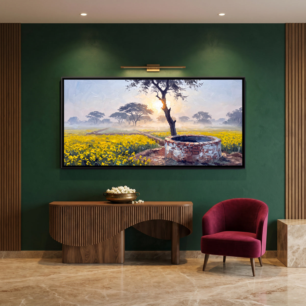 Well in a Mustard Field - canvas art shown in a second room setting