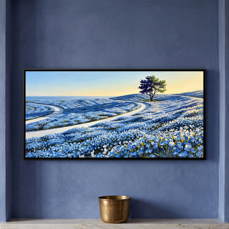 Rolling Hills of Blue Flowers - framed canvas art hung on a wall