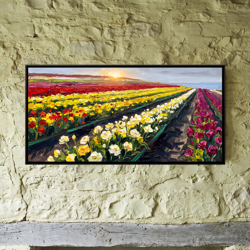 Flower Fields by the Sea - framed canvas art hung on a wall