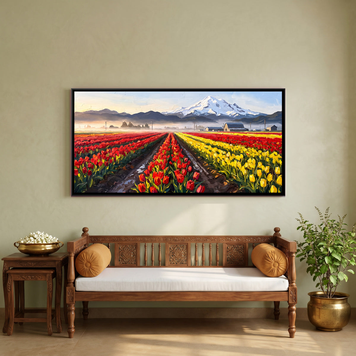 Tulip Fields Below a Snowy Peak - canvas art shown in a second room setting