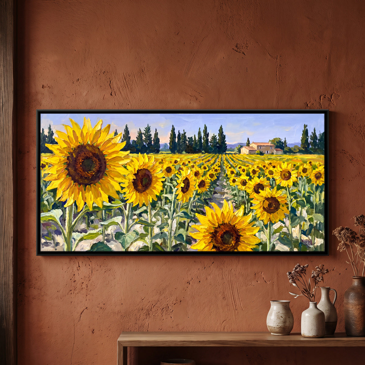 Sunflower Field in Bloom - framed canvas art hung on a wall