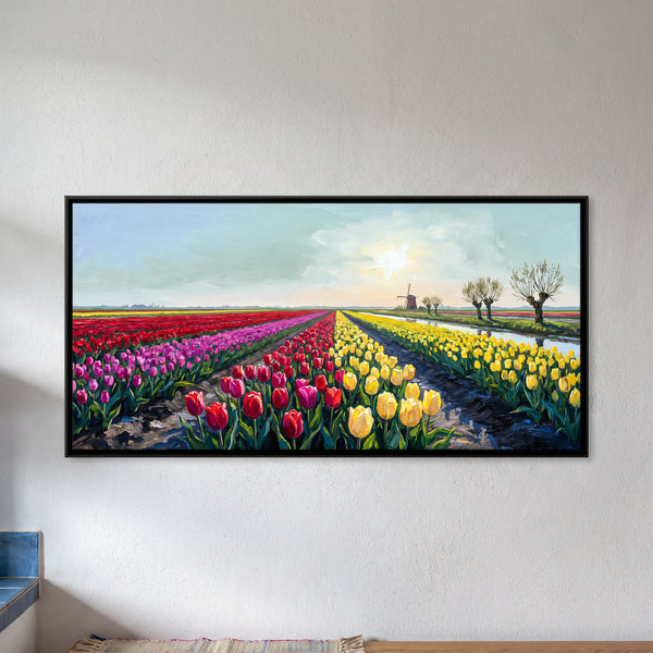Tulip Fields Converging on a Windmill Beside a Canal