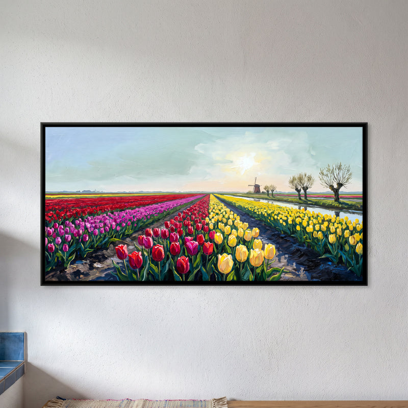 Tulip Fields and Windmill - framed canvas art hung on a wall