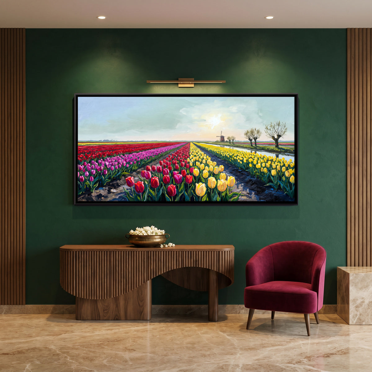 Tulip Fields and Windmill - canvas art shown in a second room setting