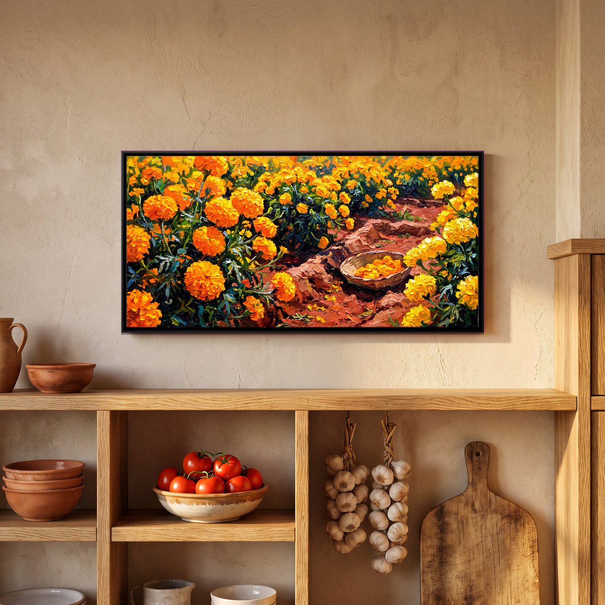 Marigold Field with a Basket - canvas art shown in a styled room