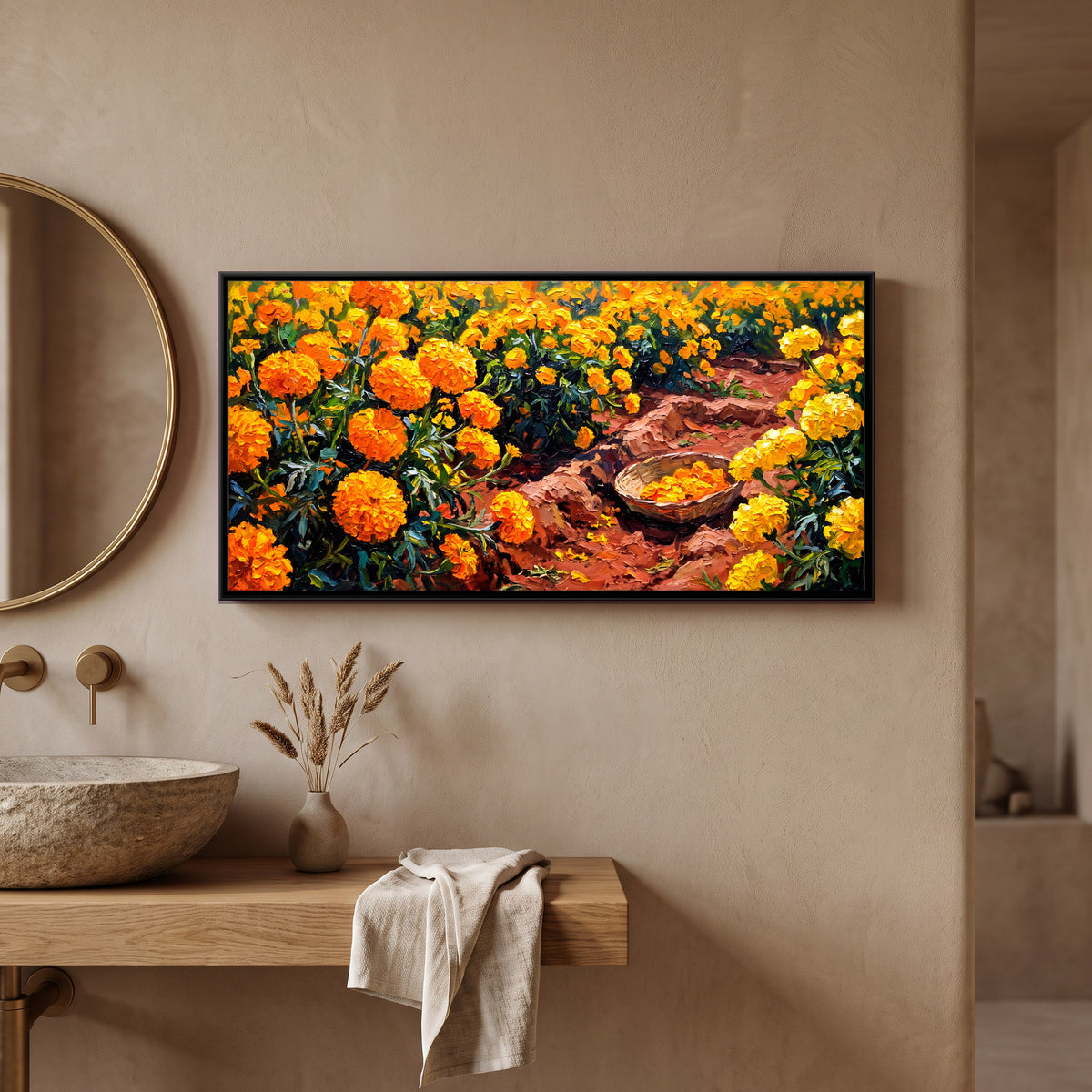 Marigold Field with a Basket - canvas art shown in a second room setting