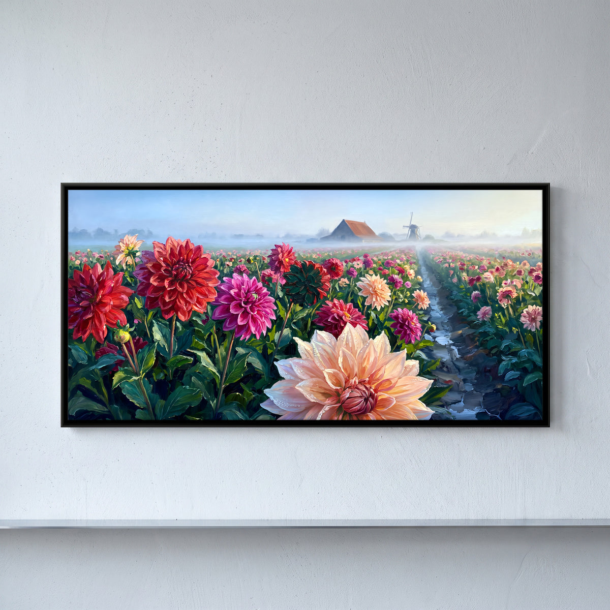 Dahlia Field with Windmill - framed canvas art hung on a wall