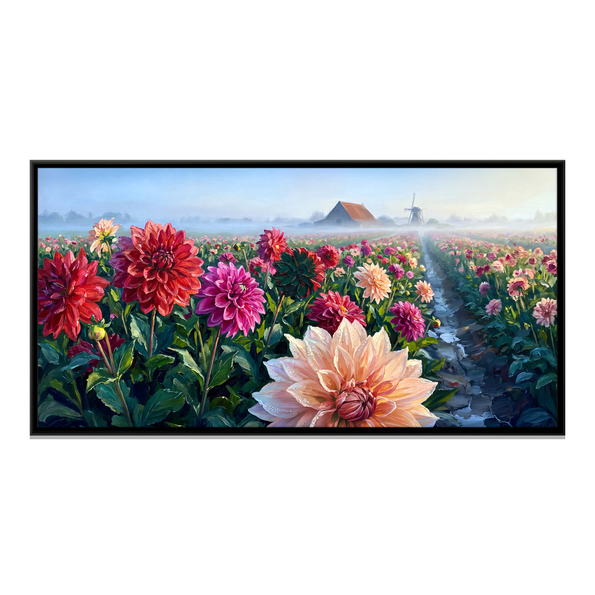 Dahlia Field with Windmill - framed canvas print, front view