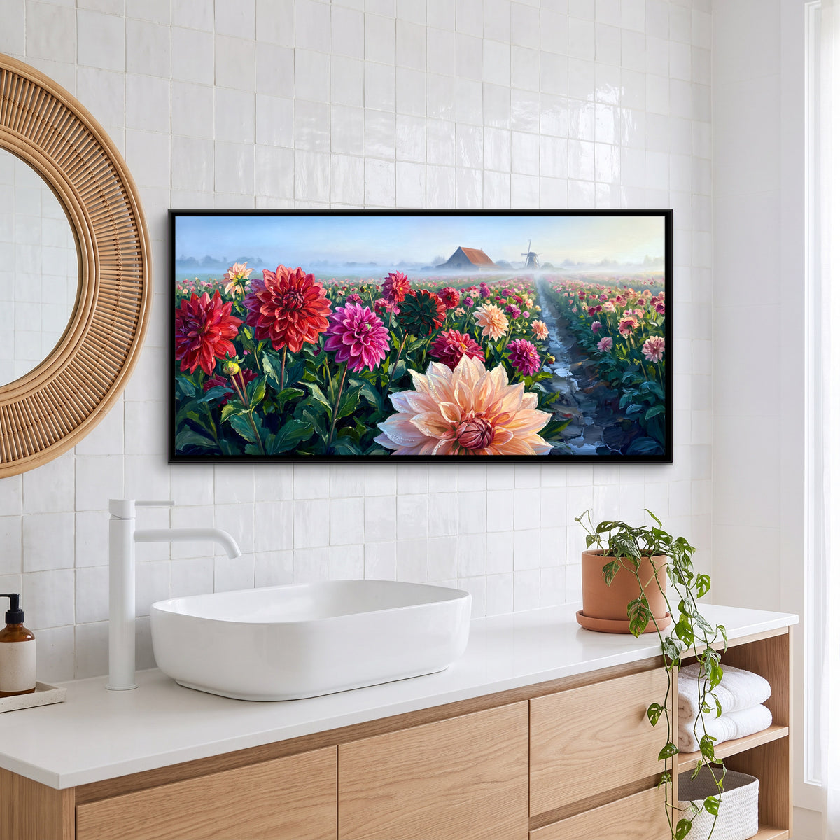 Dahlia Field with Windmill - canvas art shown in a styled room