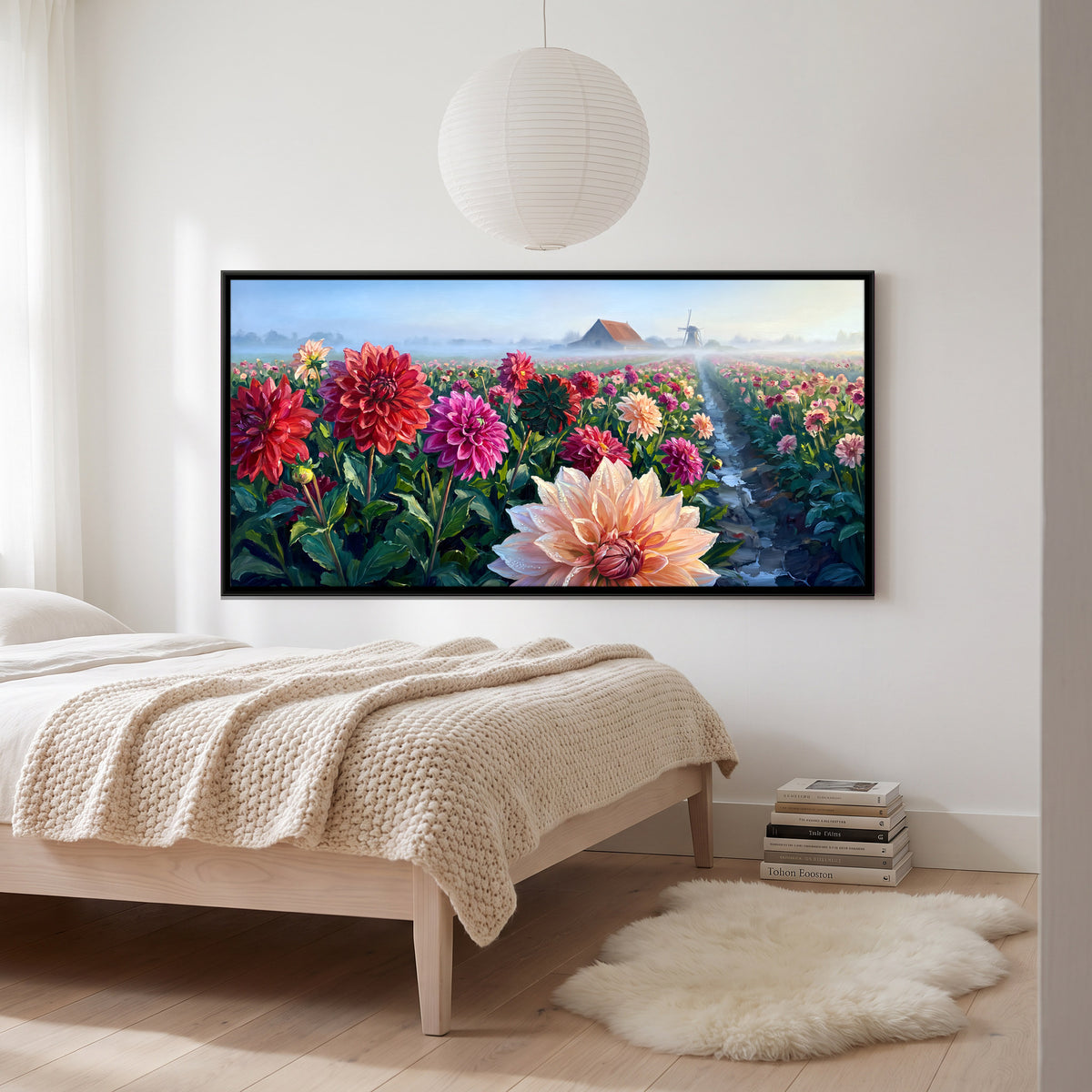 Dahlia Field with Windmill - canvas art shown in a second room setting