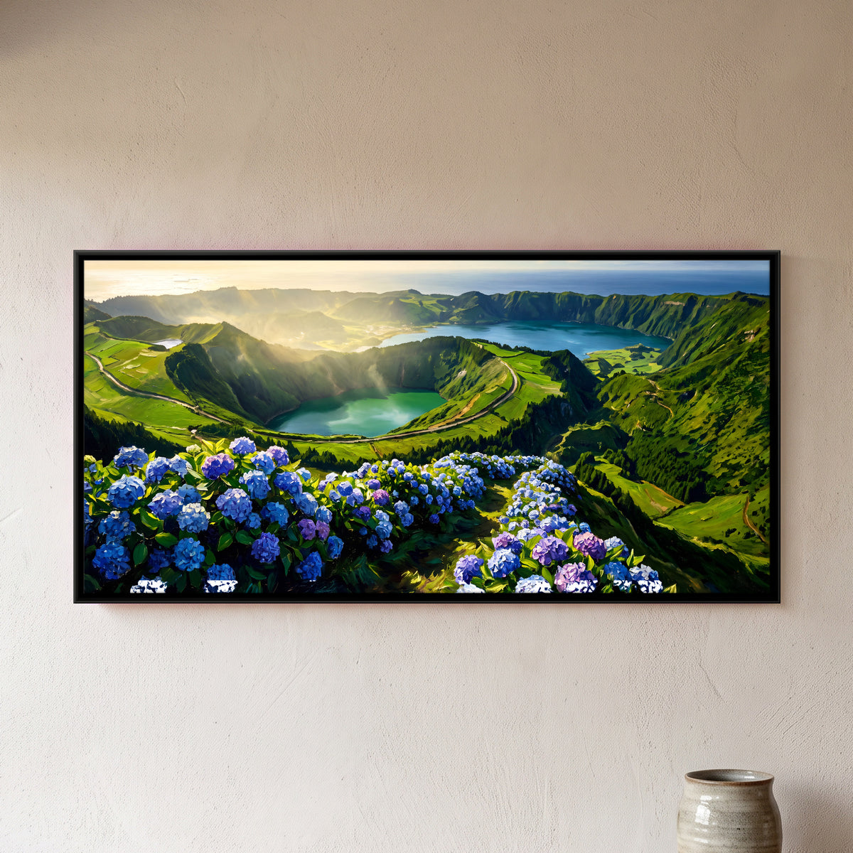 Hydrangeas Above the Crater Lakes - framed canvas art hung on a wall