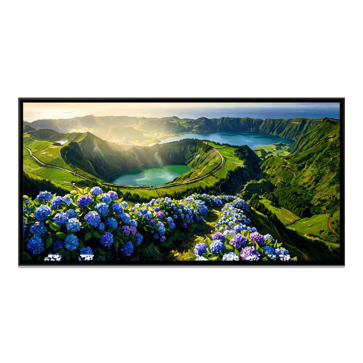 Hydrangeas Above the Crater Lakes - framed canvas print, front view