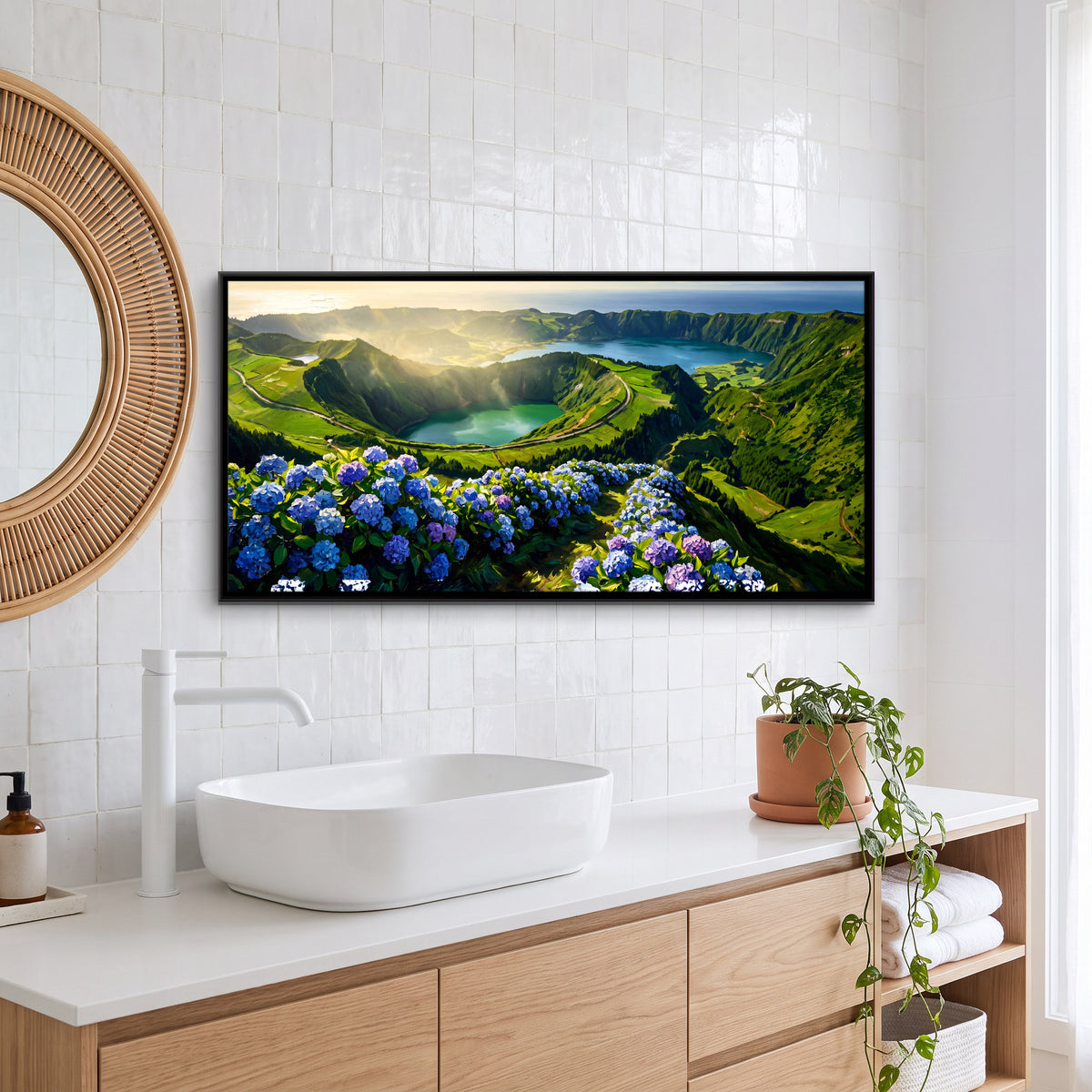 Hydrangeas Above the Crater Lakes - canvas art shown in a styled room